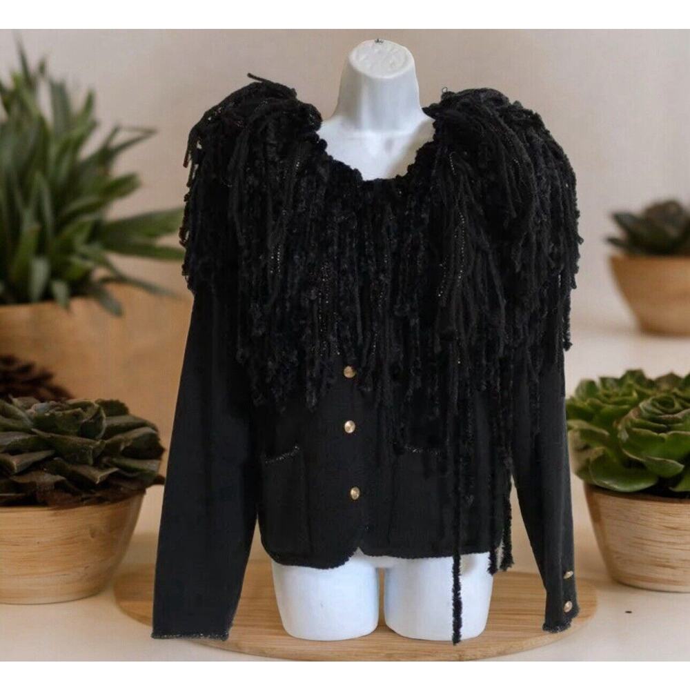 Vintage fluffy Neck Black cardigan w/ pockets Women’s Size M Medium Gold Buttons